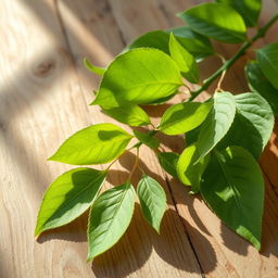 Green manzanilla leaves elegantly placed on a rustic wooden table