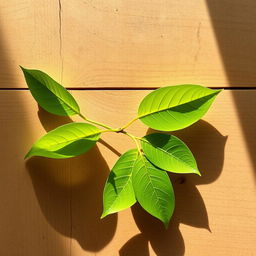 Green manzanilla leaves elegantly placed on a rustic wooden table