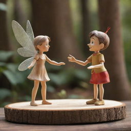 A graceful fairy breathing life into a wooden Pinocchio, in a scene that radiates warmth and magic.