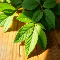 Green manzanilla leaves elegantly placed on a rustic wooden table