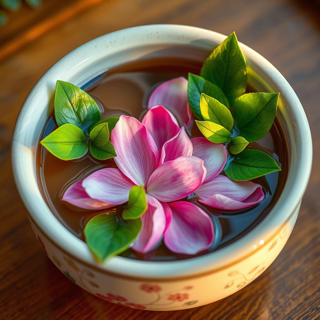 Petals and leaves gently floating inside a beautifully crafted ceramic pot