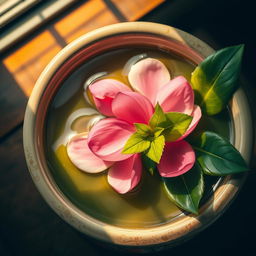 Petals and leaves gently floating inside a beautifully crafted ceramic pot