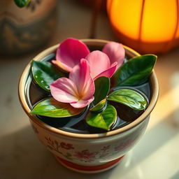 Petals and leaves gently floating inside a beautifully crafted ceramic pot