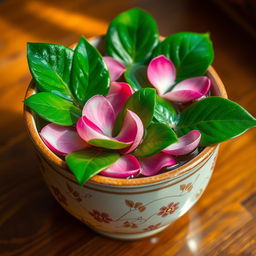 Petals and leaves gently floating inside a beautifully crafted ceramic pot