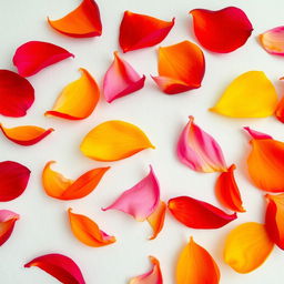 A collection of vibrant flower petals scattered delicately over a soft, light surface