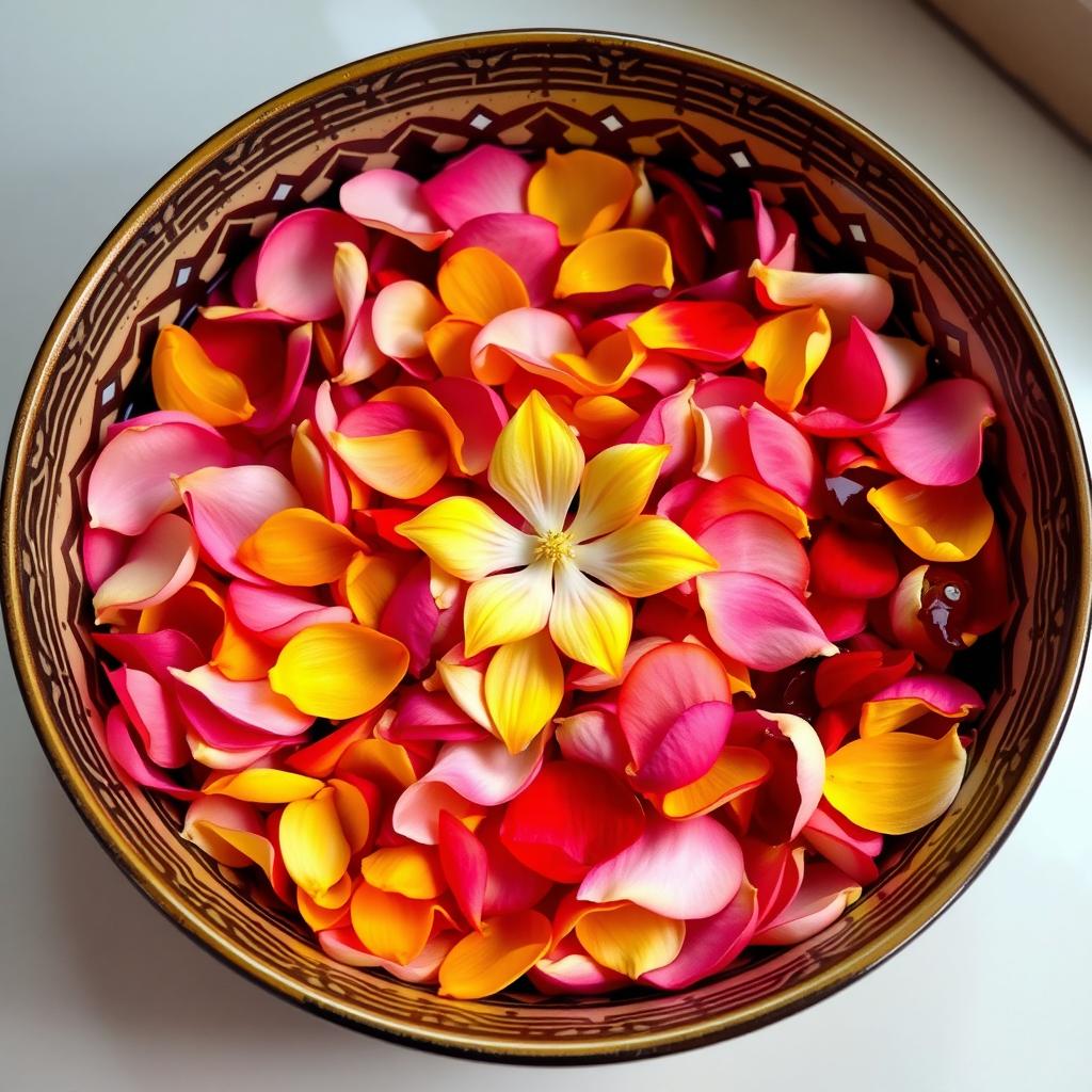 A beautifully crafted bowl filled with a variety of colorful flower petals