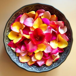 A beautifully crafted bowl filled with a variety of colorful flower petals