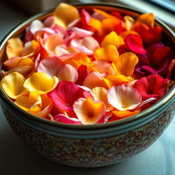 A beautifully crafted bowl filled with a variety of colorful flower petals