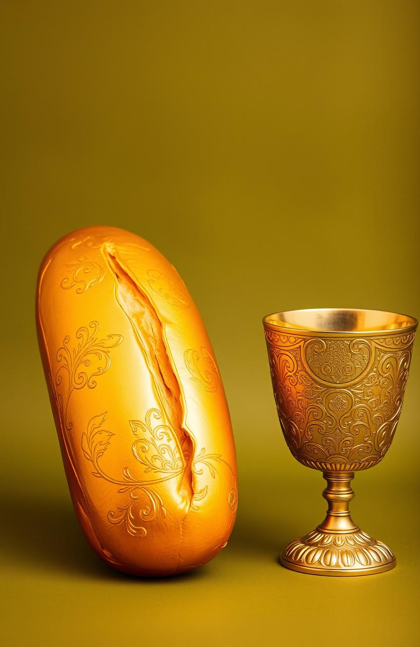 A luxurious golden loaf of bread and an ornate gold cup engraved with intricate patterns displayed against a matte olive green background