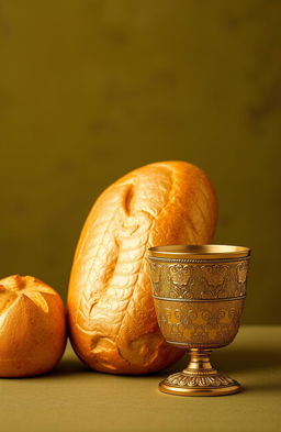 A luxurious golden loaf of bread and an ornate gold cup engraved with intricate patterns displayed against a matte olive green background