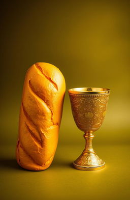 A luxurious golden loaf of bread and an ornate gold cup engraved with intricate patterns displayed against a matte olive green background