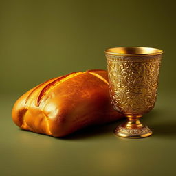 A luxurious golden loaf of bread and an ornate gold cup engraved with intricate patterns displayed against a matte olive green background