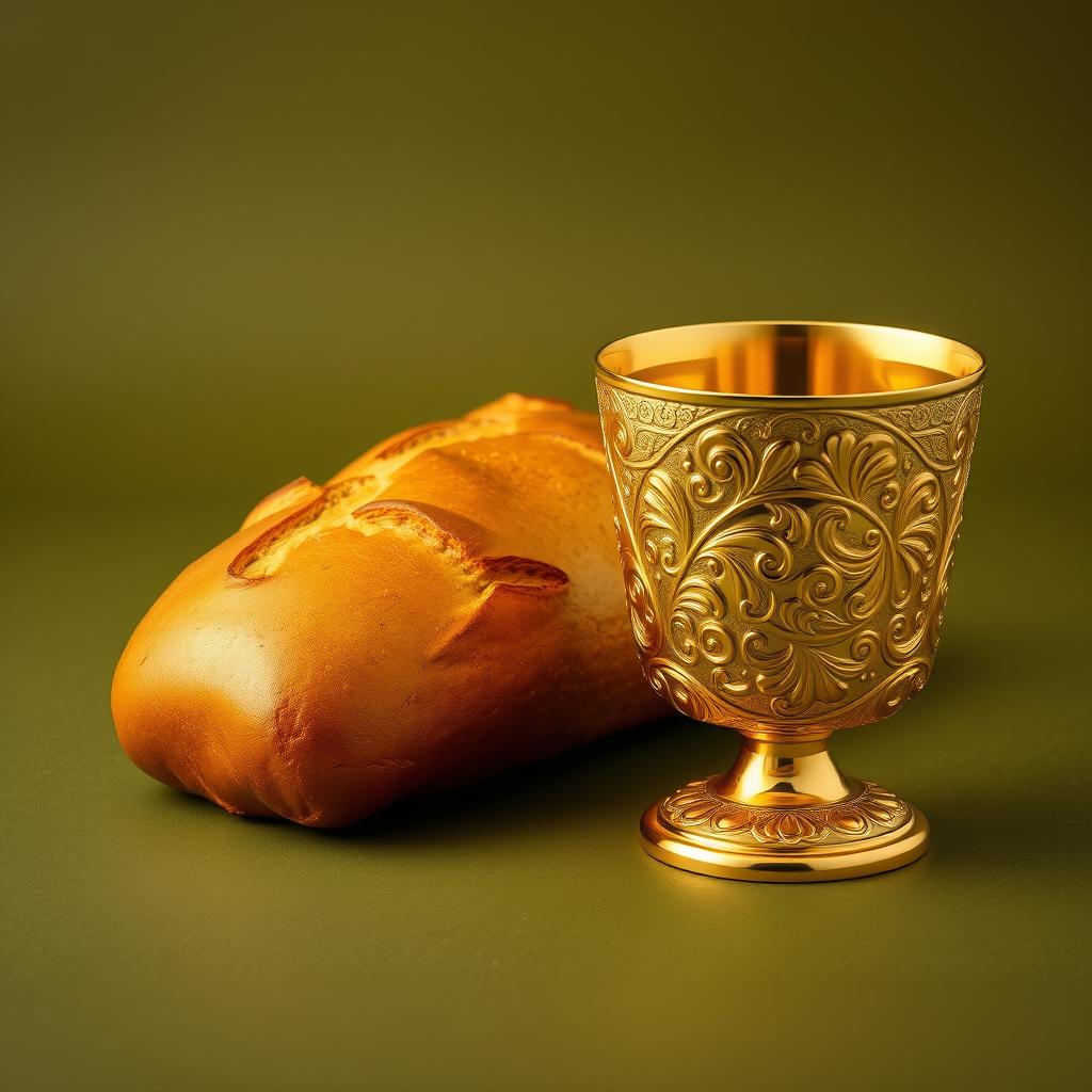 A luxurious golden loaf of bread and an ornate gold cup engraved with intricate patterns displayed against a matte olive green background