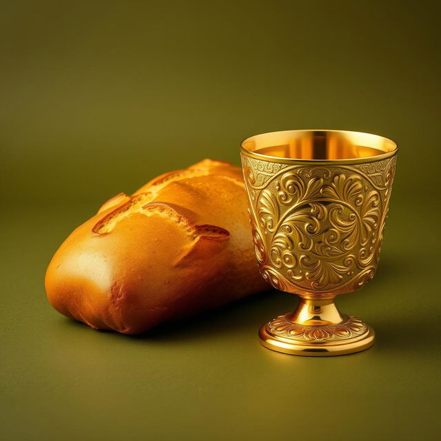 A luxurious golden loaf of bread and an ornate gold cup engraved with intricate patterns displayed against a matte olive green background