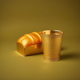 A luxurious golden loaf of bread and an ornate gold cup engraved with intricate patterns displayed against a matte olive green background