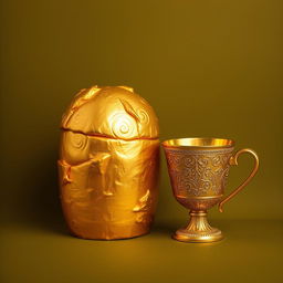 A luxurious golden loaf of bread and an ornate gold cup engraved with intricate patterns displayed against a matte olive green background