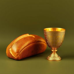 A luxurious golden loaf of bread and an ornate gold cup engraved with intricate patterns displayed against a matte olive green background