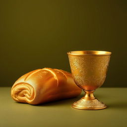 A luxurious golden loaf of bread and an ornate gold cup engraved with intricate patterns displayed against a matte olive green background