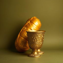 A luxurious golden loaf of bread and an ornate gold cup engraved with intricate patterns displayed against a matte olive green background