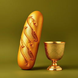 A luxurious golden loaf of bread and an ornate gold cup engraved with intricate patterns displayed against a matte olive green background