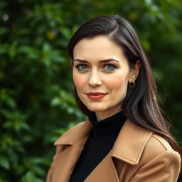 A realistic Slavic woman in her 30s, with dark hair