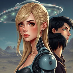 a young woman with blonde hair and brown eyes, half of her body is robotic and half is human, with a UFO in the background