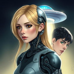 a young woman with blonde hair and brown eyes, half of her body is robotic and half is human, with a UFO in the background