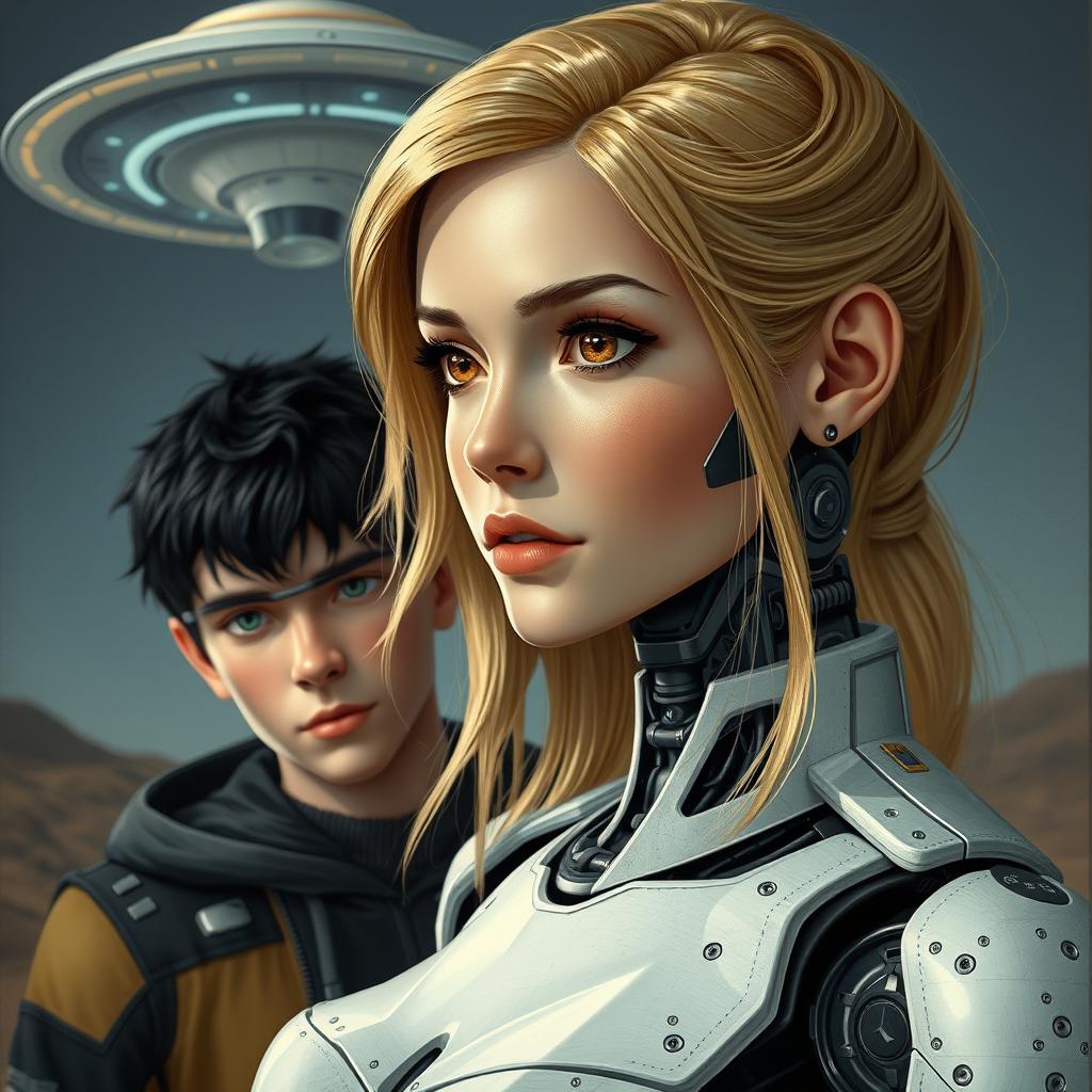 a young woman with blonde hair and brown eyes, half of her body is robotic and half is human, with a UFO in the background