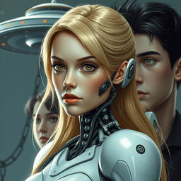 a young woman with blonde hair and brown eyes, half of her body is robotic and half is human, with a UFO in the background