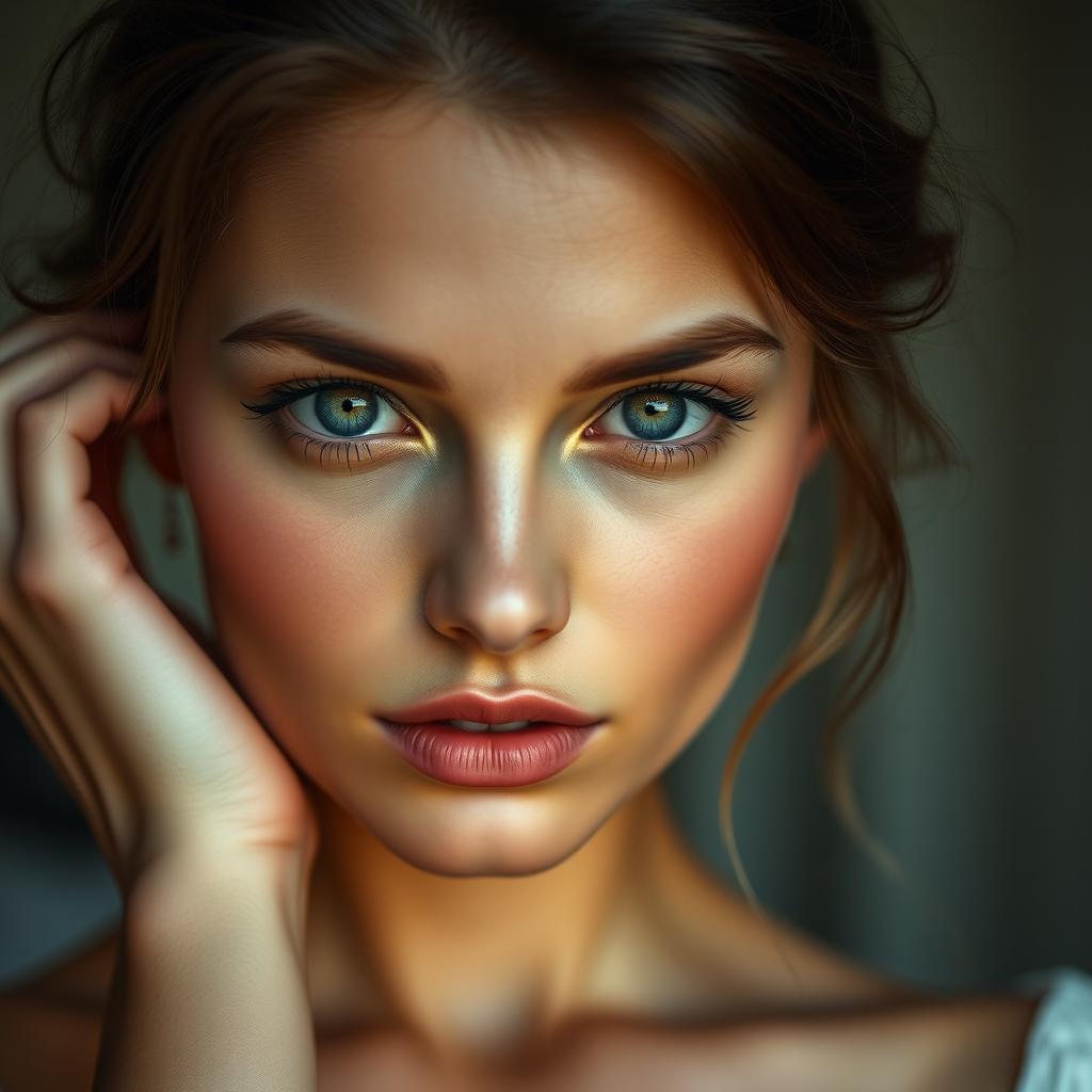 A captivating Russian girl depicted in a close-up, artistically styled portrait that highlights her natural beauty with a focus on her expressive eyes and silky, smooth complexion