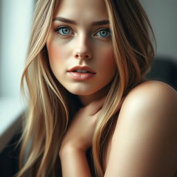 A captivating Russian girl depicted in a close-up, artistically styled portrait that highlights her natural beauty with a focus on her expressive eyes and silky, smooth complexion