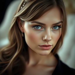 A captivating Russian girl depicted in a close-up, artistically styled portrait that highlights her natural beauty with a focus on her expressive eyes and silky, smooth complexion