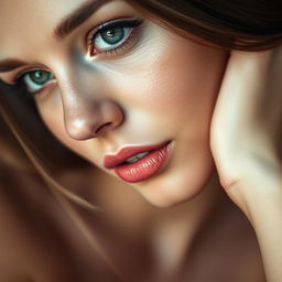 A captivating Russian girl depicted in a close-up, artistically styled portrait that highlights her natural beauty with a focus on her expressive eyes and silky, smooth complexion