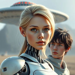 a young woman with blonde hair and brown eyes, looking forward, half of her body is robotic and half is human, with a UFO in the background