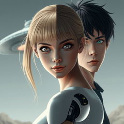 a young woman with blonde hair and brown eyes, looking forward, half of her body is robotic and half is human, with a UFO in the background