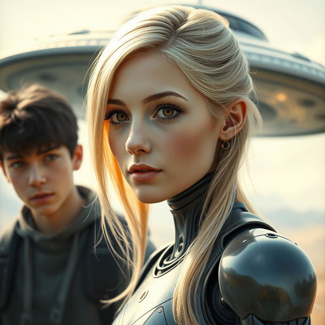 a young woman with blonde hair and brown eyes, looking forward, half of her body is robotic and half is human, with a UFO in the background