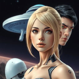 a young woman with blonde hair and brown eyes, looking forward, half of her body is robotic and half is human, with a UFO in the background