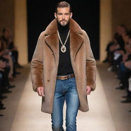 Handsome male model in slim-fit jeans and a mink coat adorned with exquisite jewelry, strutting on the runway.