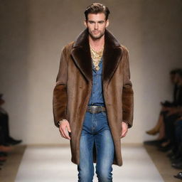 Handsome male model in slim-fit jeans and a mink coat adorned with exquisite jewelry, strutting on the runway.