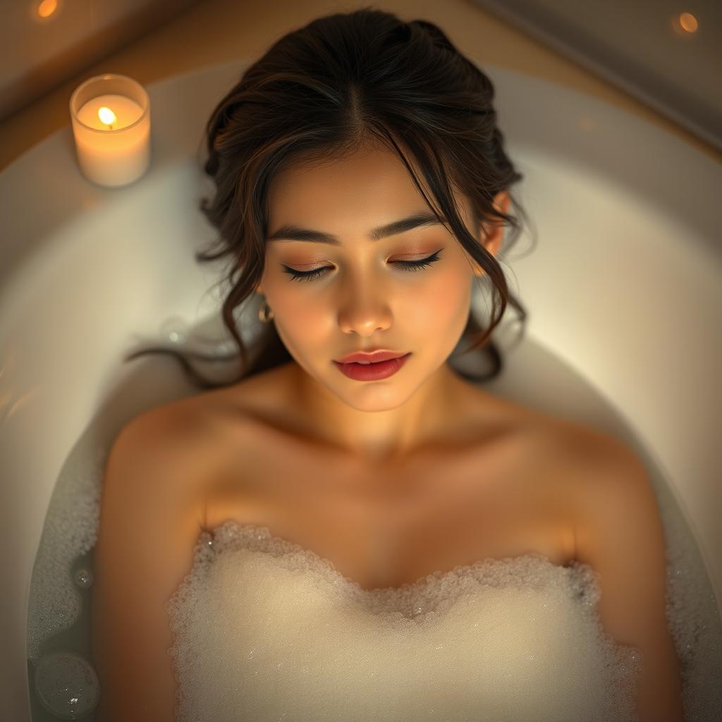 A modest girl relaxing in a bathtub surrounded by gentle candlelight, creating a serene and calming atmosphere