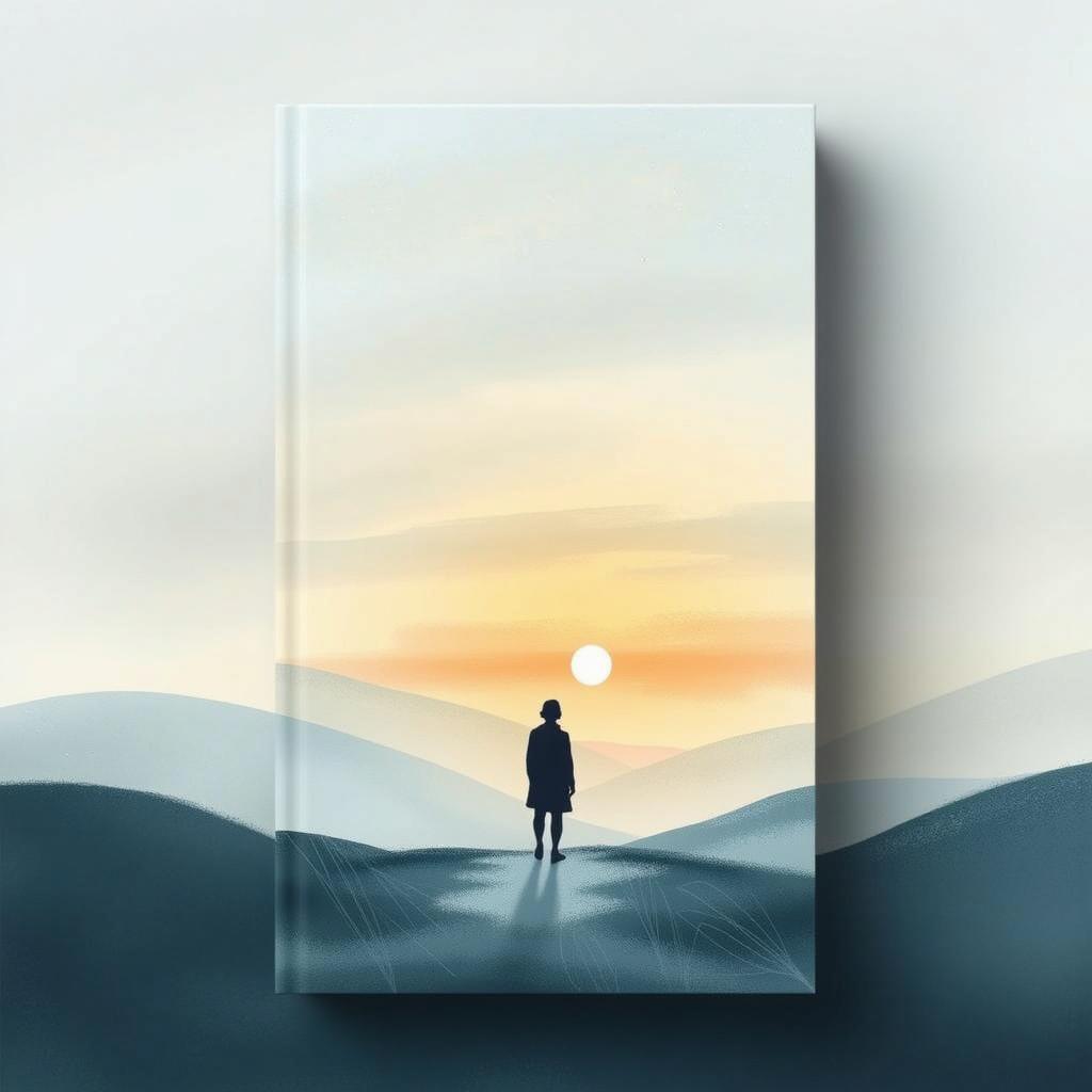 A minimalist book cover design featuring a silhouette of a person standing on a hill, facing a serene sunrise or sunset