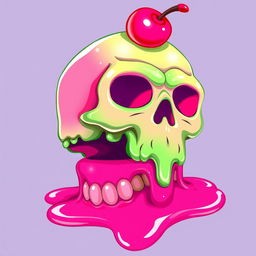 A vibrant 2D depiction of a melting pink skull, with a playful design where the lower part of the skull seamlessly transitions into an ice cream cone