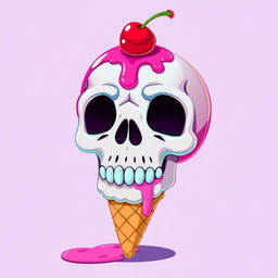 A vibrant 2D depiction of a melting pink skull, with a playful design where the lower part of the skull seamlessly transitions into an ice cream cone