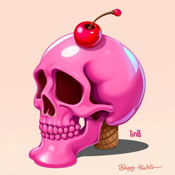 A vibrant 2D depiction of a melting pink skull, with a playful design where the lower part of the skull seamlessly transitions into an ice cream cone