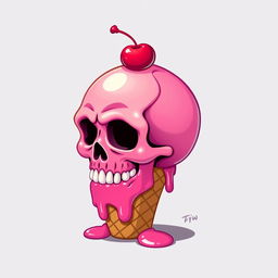 A vibrant 2D depiction of a melting pink skull, with a playful design where the lower part of the skull seamlessly transitions into an ice cream cone