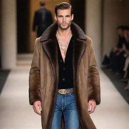 Handsome male model in slim-fit jeans and a mink coat adorned with exquisite jewelry, strutting on the runway.