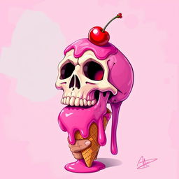 A vibrant 2D illustration of a melting pink skull, with a playful design featuring a hand holding an ice cream cone beneath the skull