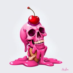 A vibrant 2D illustration of a melting pink skull, with a playful design featuring a hand holding an ice cream cone beneath the skull