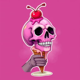 A vibrant 2D illustration of a melting pink skull, with a playful design featuring a hand holding an ice cream cone beneath the skull