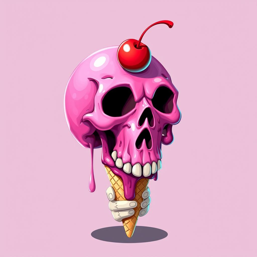 A vibrant 2D illustration of a melting pink skull, with a playful design featuring a hand holding an ice cream cone beneath the skull